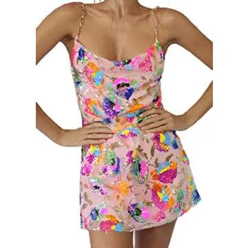 NUFIWI Women Sequin Bodycon Mini Dress Spaghetti Strap V Neck Backless Short Dress Sexy Glitter Party Club Dress(Sequin Pink,Medium)
