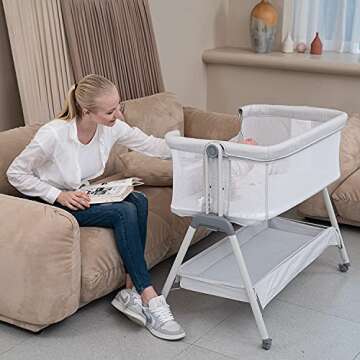ANGELBLISS Baby Bassinet Bedside Sleeper, Easy Folding Portable Bassinet for Baby with Wheels, Adjustable Height, Included Mattress (Beige)