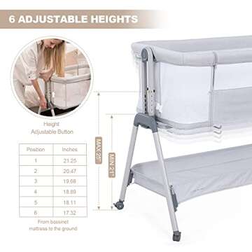 ANGELBLISS Baby Bassinet Bedside Sleeper, Easy Folding Portable Bassinet for Baby with Wheels, Adjustable Height, Included Mattress (Beige)