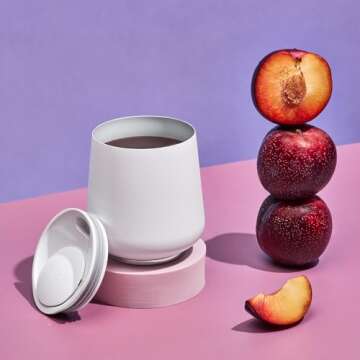 Fellow 12 oz Ruby Wine Tumbler - Insulated Stainless Steel Wine and Cocktail Tumbler with Ceramic Interior and Swivel Pebble Lid (Matte White)