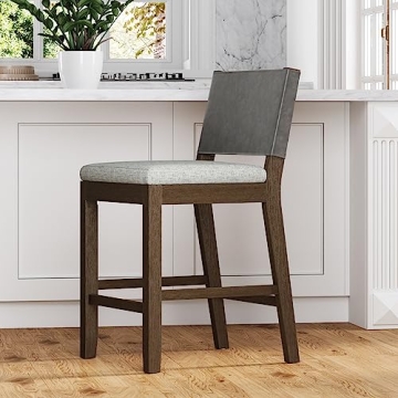 Stylish Modern Farmhouse Bar Stool with Faux Leather Back & Rubberwood Legs