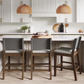 Modern Farmhouse Bar Stool Faux Leather Back Rubberwood Legs