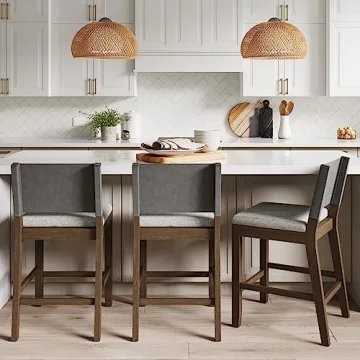 Modern Farmhouse Bar Stool Faux Leather Back Rubberwood Legs