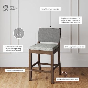 Modern Farmhouse Bar Stool Faux Leather Back Rubberwood Legs