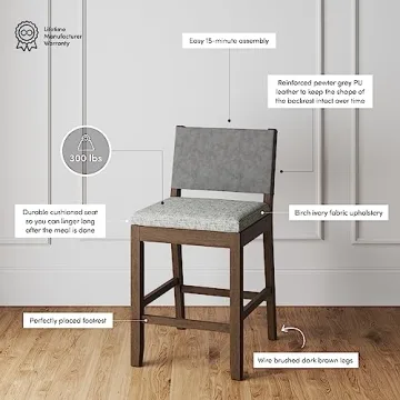 Modern Farmhouse Bar Stool Faux Leather Back Rubberwood Legs