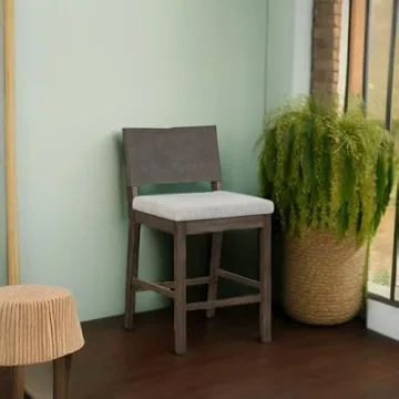 Modern Farmhouse Bar Stool Faux Leather Back Rubberwood Legs
