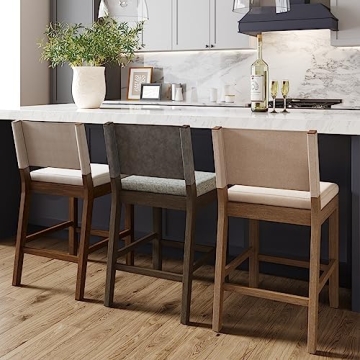 Modern Farmhouse Bar Stool Faux Leather Back Rubberwood Legs