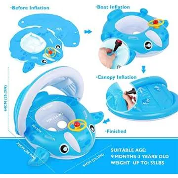 Peradix Baby Swimming Pool Float Boat, Inflatable Baby Swimming Ring with Removable Sun Protection Canopy, Whale Toddler Floaties Water Toys for Infant