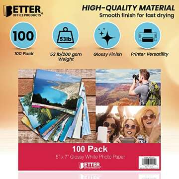 Better Office Products Premium Glossy Photo Paper, 5 x 7 inch, 100 Sheets, 200gsm, 5 x 7, 100-Count Pack