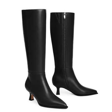 Modatope Women's Knee-High Boots Kitten Heel Fall Boots for Women 2024 Black Below Knee Boots Pointed Toe Stiletto Low Heel Tall Long Leather Boots Size 9