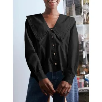 Cicy Bell Womens Button Down Shirts Long Sleeve Babydoll Blouse Fall Dressy Casual Work Office Tops Black