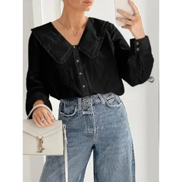 Cicy Bell Womens Button Down Shirts Long Sleeve Babydoll Blouse Fall Dressy Casual Work Office Tops Black