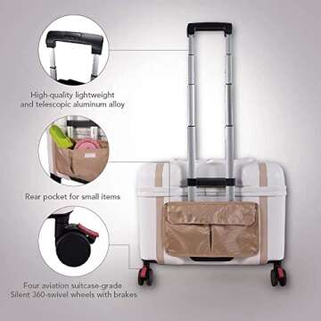 ibiyaya Lavada Pet Transport Luggage Pet Carrier with Wheels, Up to 35lbs, White Mocha - Sturdy Dog and Cat Carrying Case with Telescopic Handle, Swivel Wheels - Small and Medium Rolling Dog Carriers