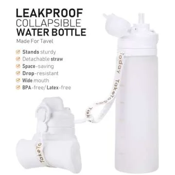 TakeToday Collapsible Water Bottles 20oz, Leak Proof, BPA-Free, Foldable Silicone Travel Water Bottle with Straw Strap for Cycling, Hiking, Outdoors (Cloud)