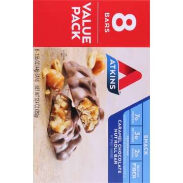 Atkins Caramel Chocolate Nut Roll Snack Bar, Protein Snack, High in Fiber, 2g Sugar, 8 Count