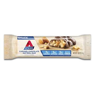 Atkins Caramel Chocolate Nut Roll Snack Bar, Protein Snack, High in Fiber, 2g Sugar, 8 Count