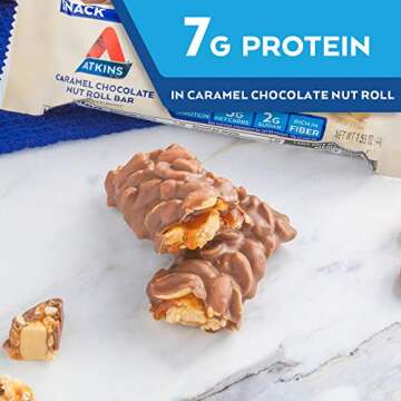 Atkins Caramel Chocolate Nut Roll Snack Bar, Protein Snack, High in Fiber, 2g Sugar, 8 Count