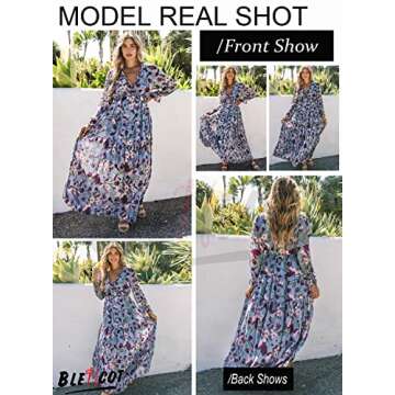 BLENCOT Women's Bohemian Floral Printed Deep V Neck Loose Maxi Dress Blue