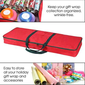Primode Christmas Wrapping Paper Storage Bag with Pockets | Gift Wrap Organizer Container | 37” x 14” x 4” | Underbed Durable Box Made of 600D Oxford Material (Red)