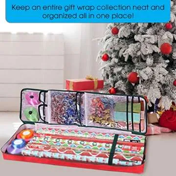 Primode Christmas Wrapping Paper Storage Bag with Pockets | Gift Wrap Organizer Container | 37” x 14” x 4” | Underbed Durable Box Made of 600D Oxford Material (Red)