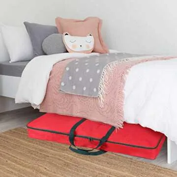 Primode Christmas Wrapping Paper Storage Bag with Pockets | Gift Wrap Organizer Container | 37” x 14” x 4” | Underbed Durable Box Made of 600D Oxford Material (Red)