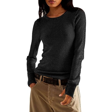 Morhuduck Women's Waffle Knit Long Sleeve Casual Slim Fitted Pullover Shirts in Black, Size M