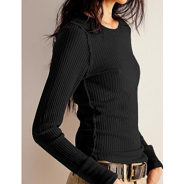 Morhuduck Waffle Knit Long Sleeve Casual Pullover Top