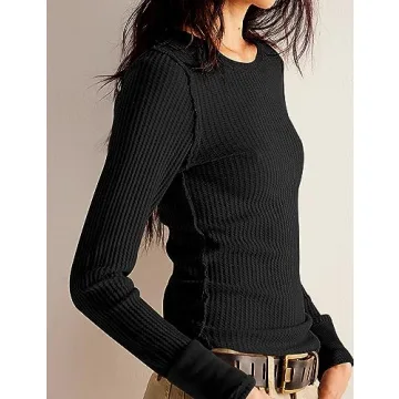 Morhuduck Waffle Knit Long Sleeve Casual Pullover Top