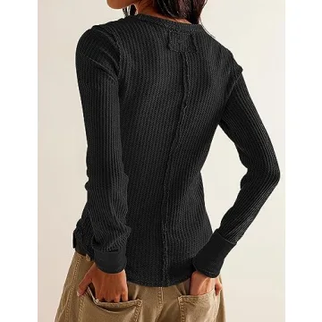 Morhuduck Waffle Knit Long Sleeve Casual Pullover Top