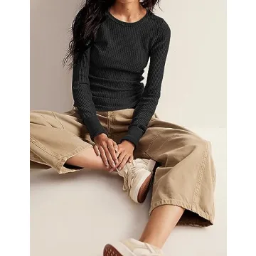 Morhuduck Waffle Knit Long Sleeve Casual Pullover Top