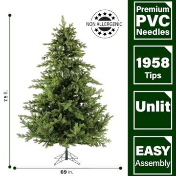 Fraser Hill Farm 7.5-Ft. Woodside Pine Artificial Christmas Tree with Stand and No Lights, Unlit Foldable Fake Christmas Tree with Realistic Foliage for Home Decoration