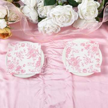 100 Floral Cocktail Napkins Pink and White Toile Paper Napkins Vintage Pink Flower Bouquet Disposable Hand Towels for Bridal Baby Shower Christmas Tea Party Supplies Table Decor