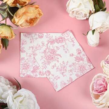 100 Floral Cocktail Napkins Pink and White Toile Paper Napkins Vintage Pink Flower Bouquet Disposable Hand Towels for Bridal Baby Shower Christmas Tea Party Supplies Table Decor