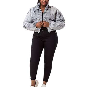 Hujoin Women's Winter Bandana Jacket Cropped Quilted Puffer Jacket Outerwear Coats Full Zip Stand Collar Short Puffer Jacket Coat With Pockets L