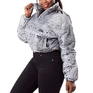 Hujoin Women's Winter Bandana Jacket Cropped Quilted Puffer Jacket Outerwear Coats Full Zip Stand Collar Short Puffer Jacket Coat With Pockets L
