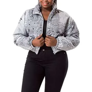 Hujoin Women's Winter Bandana Jacket Cropped Quilted Puffer Jacket Outerwear Coats Full Zip Stand Collar Short Puffer Jacket Coat With Pockets L