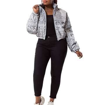 Hujoin Women's Winter Bandana Jacket Cropped Quilted Puffer Jacket Outerwear Coats Full Zip Stand Collar Short Puffer Jacket Coat With Pockets L