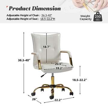 HULALA HOME Faux Leather Home Office Desk Chair, Adjustable Swivel Computer Chair with Golden Legs a...