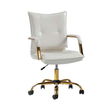 HULALA HOME Faux Leather Home Office Desk Chair, Adjustable Swivel Computer Chair with Golden Legs and Arms, Comfy Upholstered Task Chair, White