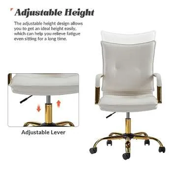 HULALA HOME Faux Leather Home Office Desk Chair, Adjustable Swivel Computer Chair with Golden Legs and Arms, Comfy Upholstered Task Chair, White