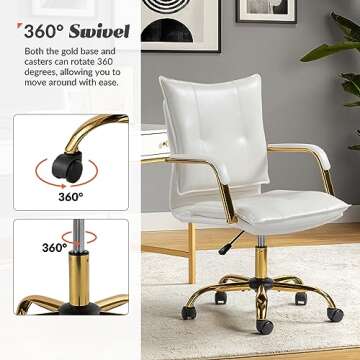 HULALA HOME Faux Leather Home Office Desk Chair, Adjustable Swivel Computer Chair with Golden Legs and Arms, Comfy Upholstered Task Chair, White