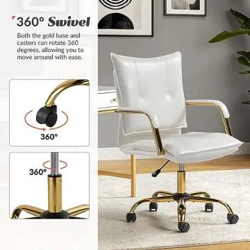 HULALA HOME Faux Leather Home Office Desk Chair, Adjustable Swivel Computer Chair with Golden Legs and Arms, Comfy Upholstered Task Chair, White