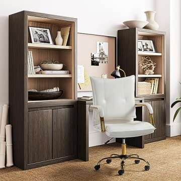 HULALA HOME Faux Leather Home Office Desk Chair, Adjustable Swivel Computer Chair with Golden Legs and Arms, Comfy Upholstered Task Chair, White