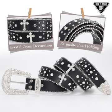 BELTROAD Rhinestone Belt for Men Women - Western Cowboy Cowgirl Bling Leather Belt with Cross and Di...