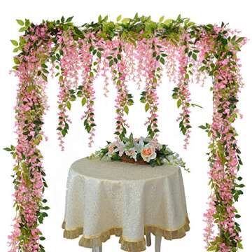 Lvydec Wisteria Artificial Flowers Garland, 4 Pcs Total 28.8ft Artificial Wisteria Vine Silk Hanging Flower for Home Garden Outdoor Ceremony Wedding Arch Floral Decor (Pink)