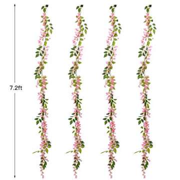 Lvydec Wisteria Artificial Flowers Garland, 4 Pcs Total 28.8ft Artificial Wisteria Vine Silk Hanging Flower for Home Garden Outdoor Ceremony Wedding Arch Floral Decor (Pink)