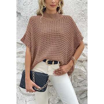 Pink Queen Women's 2024 Fall Batwing Sleeve High Neck Casual Oversized Ribbed Pullover Knit Sweater Vest Top Khaki XL