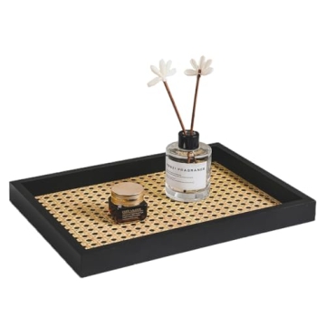 Rectangle Serving Tray with Imitated Rattan, Ottoman Tray, Black Decorative Tray, Basket Serving Tray with Black Wooden Frame for Coffee, Breakfast, Food, Drink, 14'' x 9.8'' x 1.8''