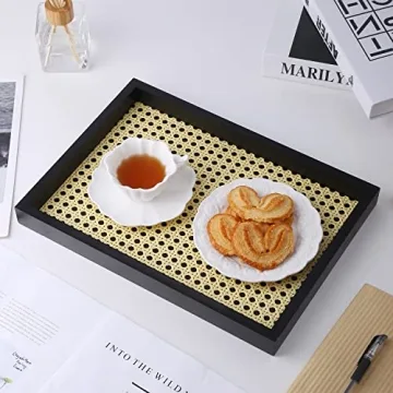 Rectangle Serving Tray with Imitated Rattan, Ottoman Tray, Black Decorative Tray, Basket Serving Tray with Black Wooden Frame for Coffee, Breakfast, Food, Drink, 14'' x 9.8'' x 1.8''