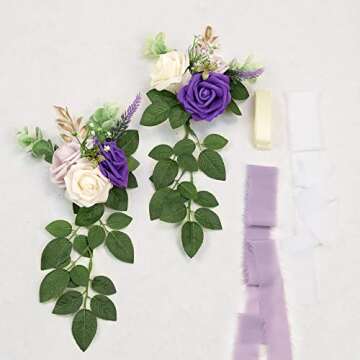 DreamBuilt Wedding Aisle Decorations for Wedding Ceremony Set of 10 Pew Flowers for Church Chair Decorations Party Decor with Artificial Flowers Eucalyptus and Ribbons Purple